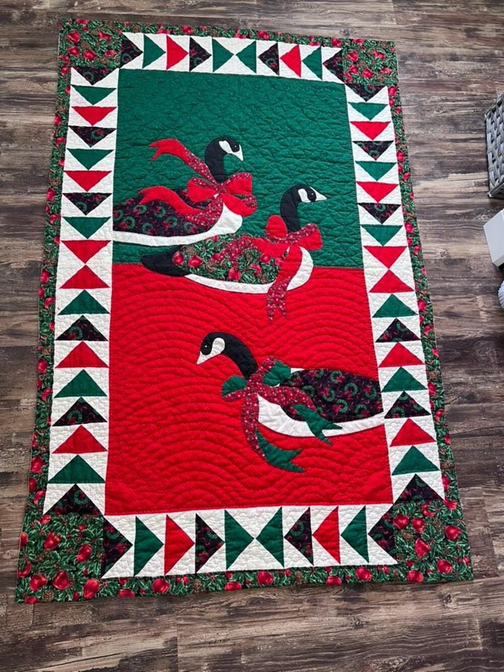 Vintage Christmas Goose Quilt Throw | Handmade Farmhouse Holiday Wall Hanging |
